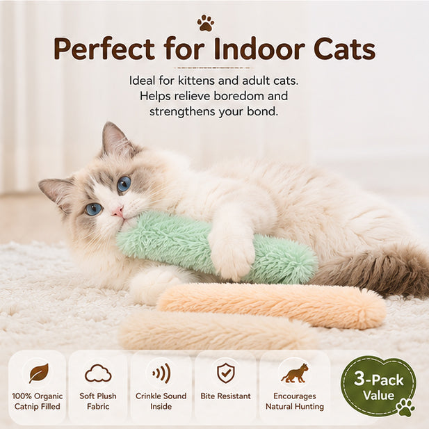 BowBooPets™ Organic Catnip Kicker Toy Set | Plush Crinkle Cat Pillows for Indoor Cats (3-Pack)