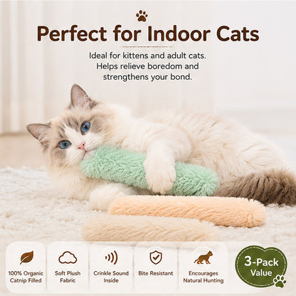 BowBooPets™ Organic Catnip Kicker Toy Set | Plush Crinkle Cat Pillows for Indoor Cats (3-Pack)
